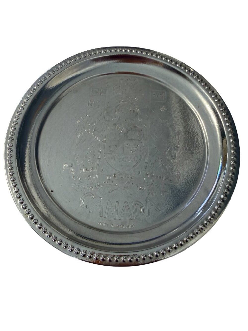 Vintage Canada Souvenir Silver Tone Tray A Mari Usque Ad Mare Coat of Arms Made